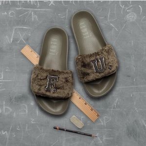 FENTY SLIDES Fur Slides Olive Green SIZE 9